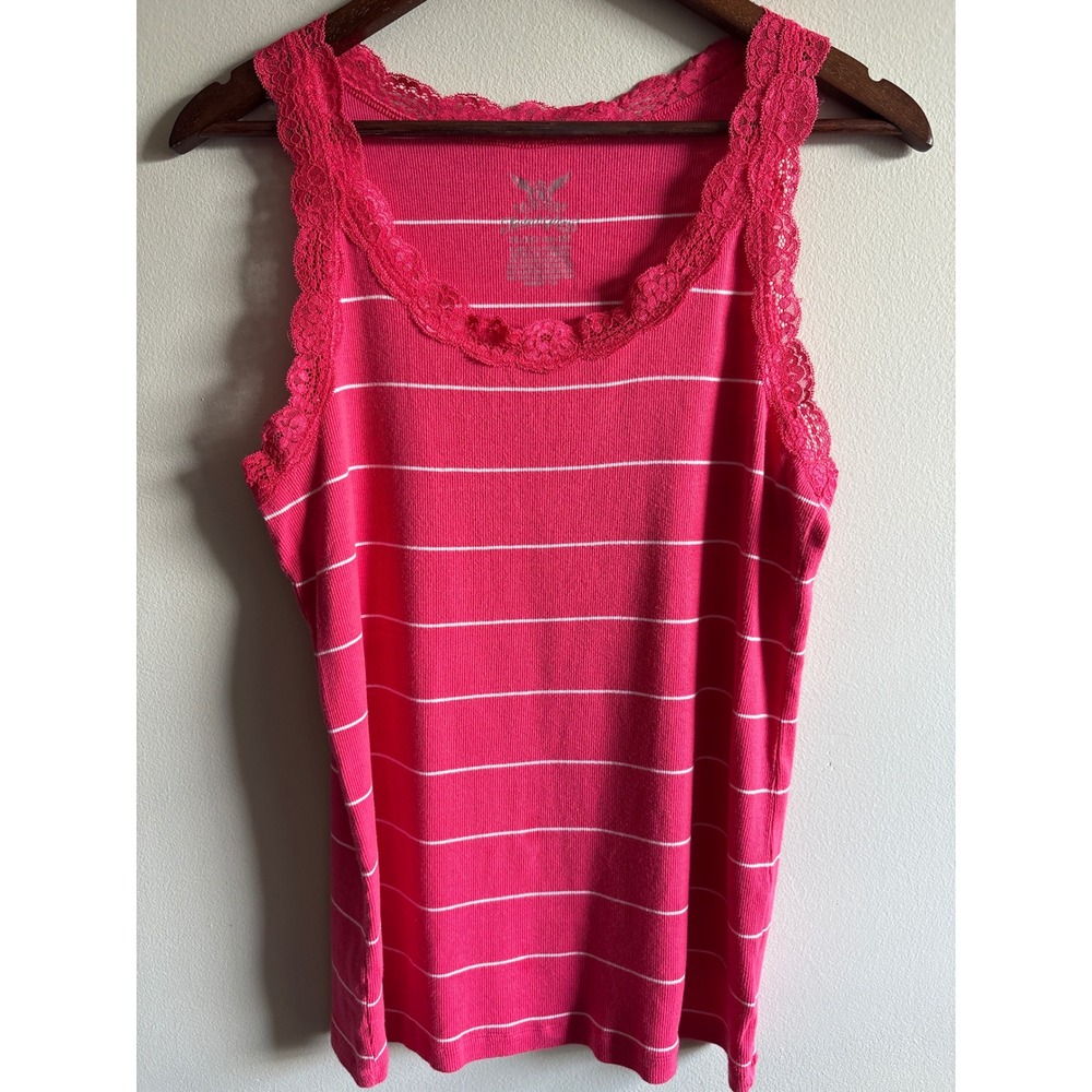 Faded Glory Pink Striped Lace Trim Tank Top XL Y2K Cami